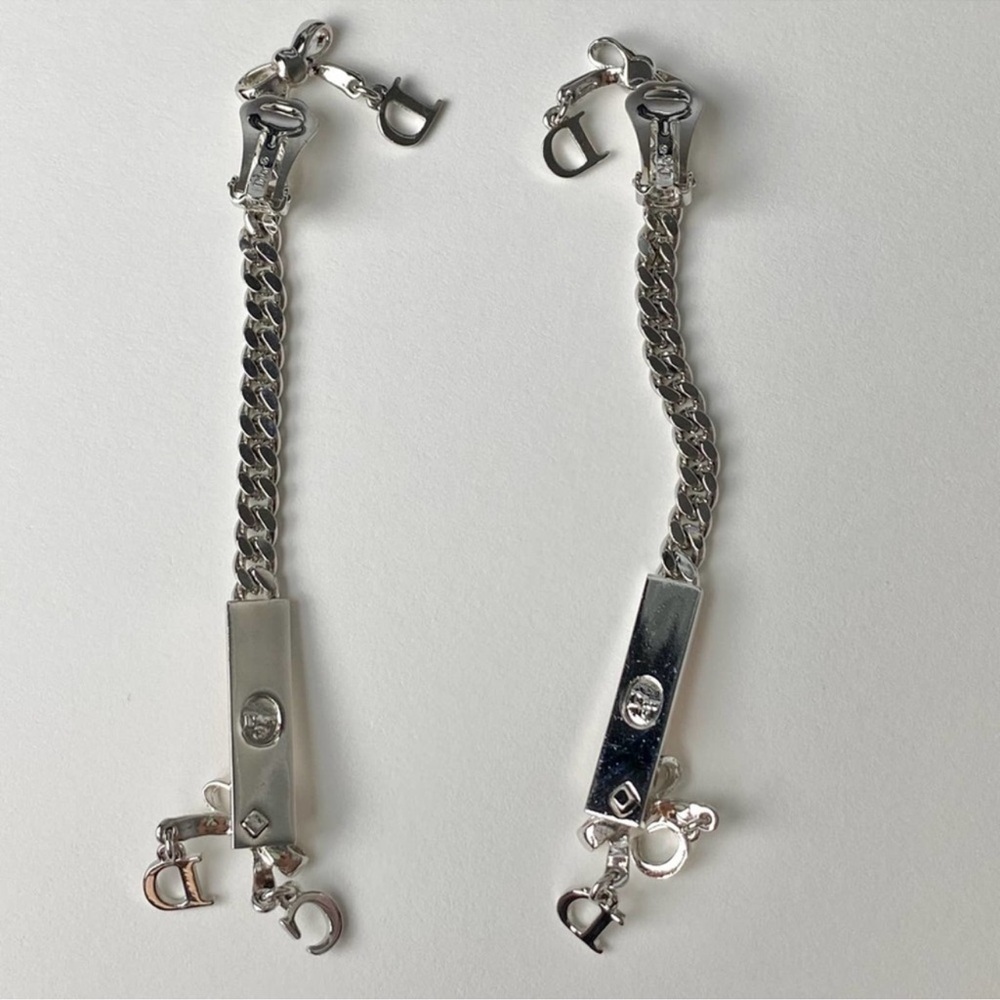 AUTH VTG Christian Dior Silver Long Chain Pink Enamel Nameplate Logo Earrings - Picture 5 of 12